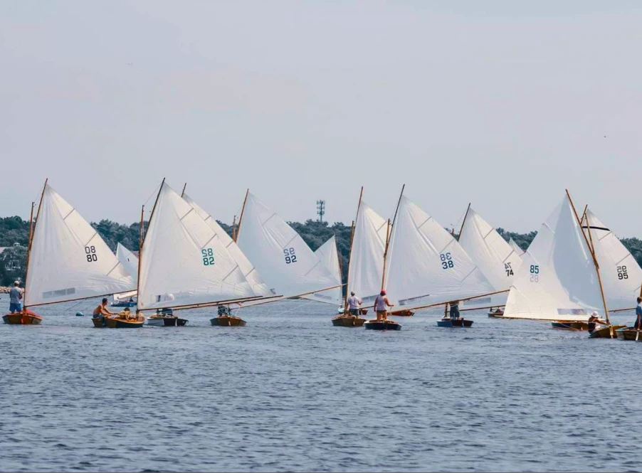 Fleet of small sailboats racing on Cotuit Bay